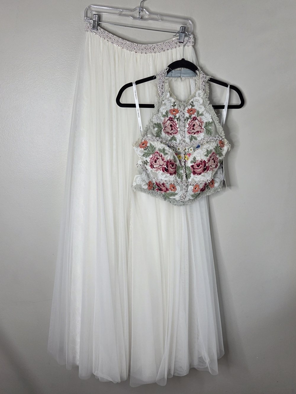 Sherri Hill High Neck Halter Top With Flowint White Tulle/Lace Skirt